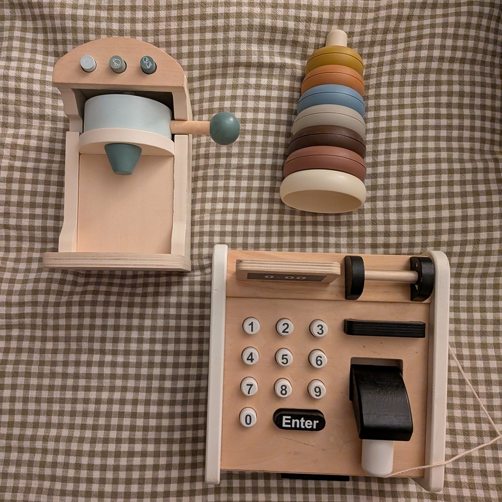 Pottery Barn Kids Wooden Cash Register and Stacking Toy - Blue, Brown, Cream